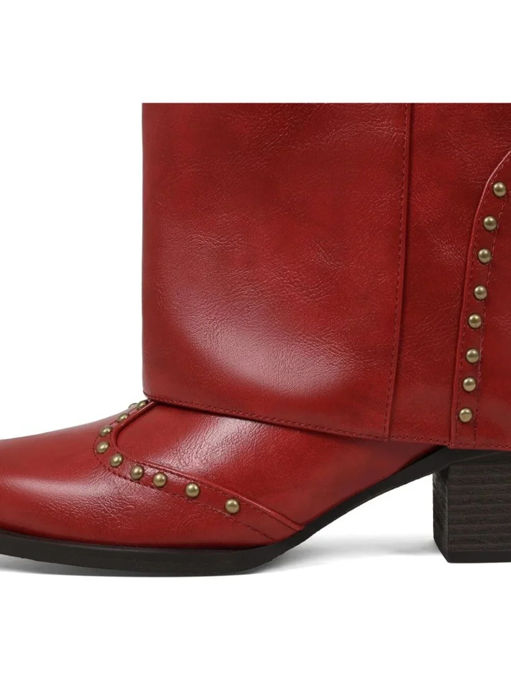 Women's Red Polyurethane (PU) Studded Fold Over Knee High Chunky Heel Boot